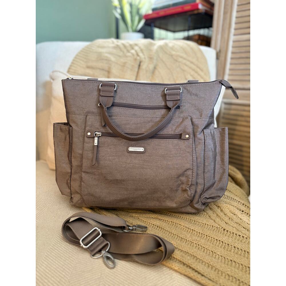 Baggallini 3-in-1 Convertible Backpack with RFID Phone Wristlet Sterling Shimmer